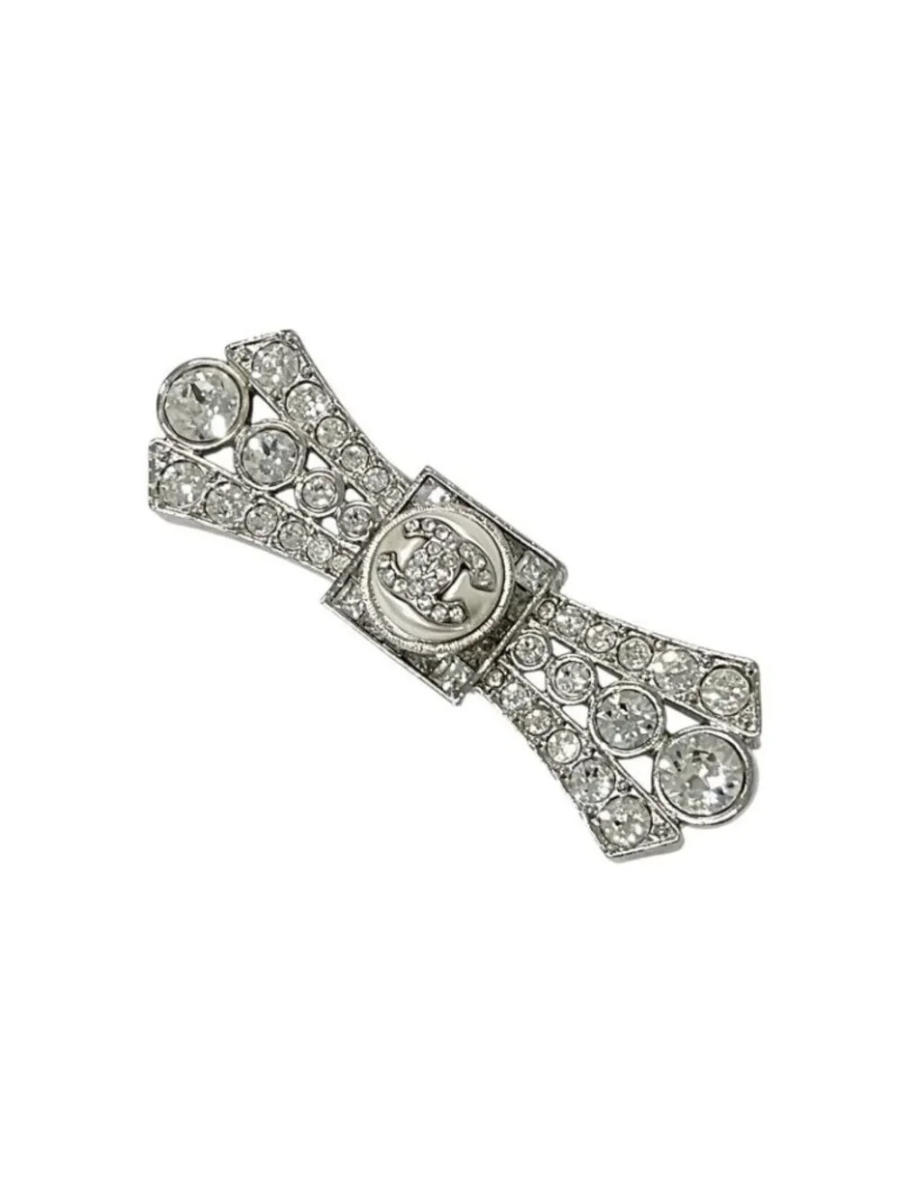 Chanel Brooch Corsage Silver Coco Mark Rhinestone Ribbon